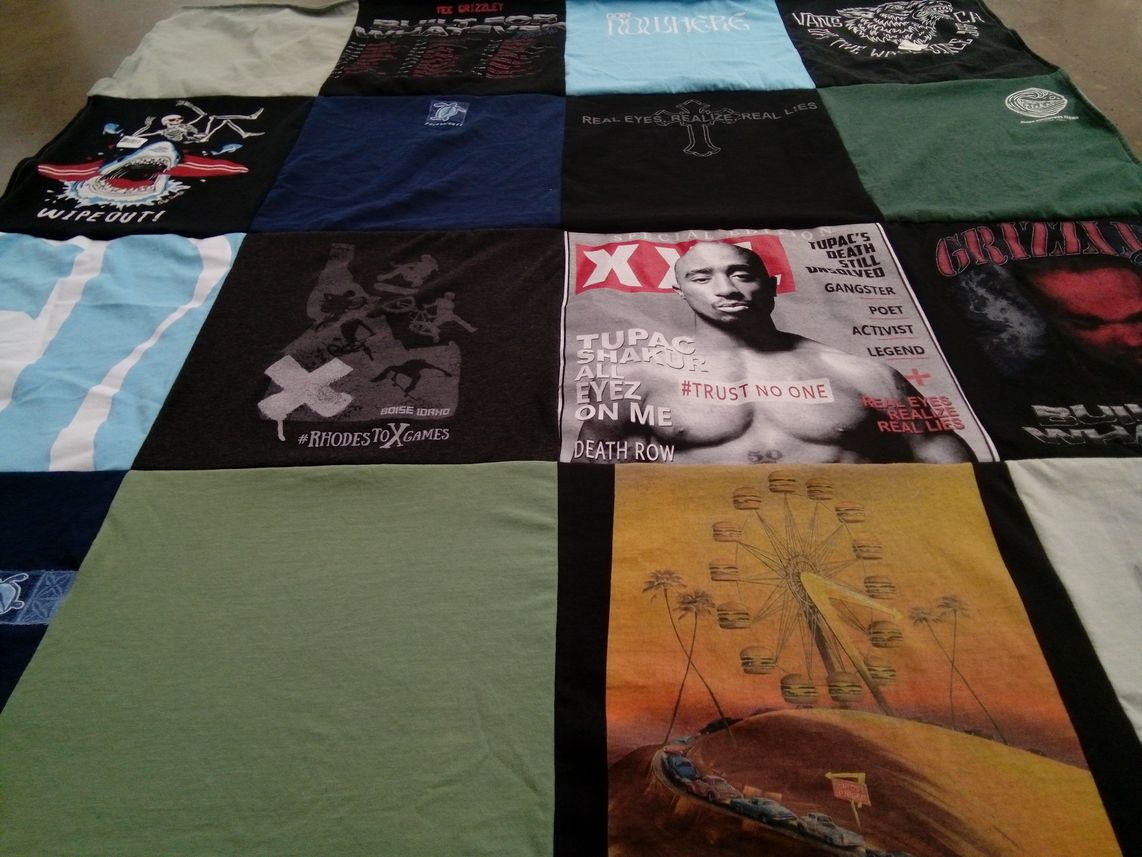 T-shirt quilt with music, skateboarding themes by Leslie from ID