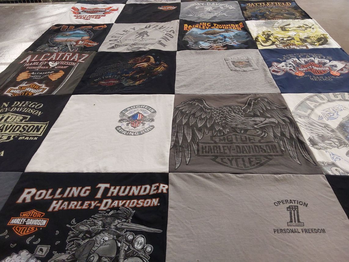 T-shirt quilt with motorcycles, biker culture themes by Amanda from PA