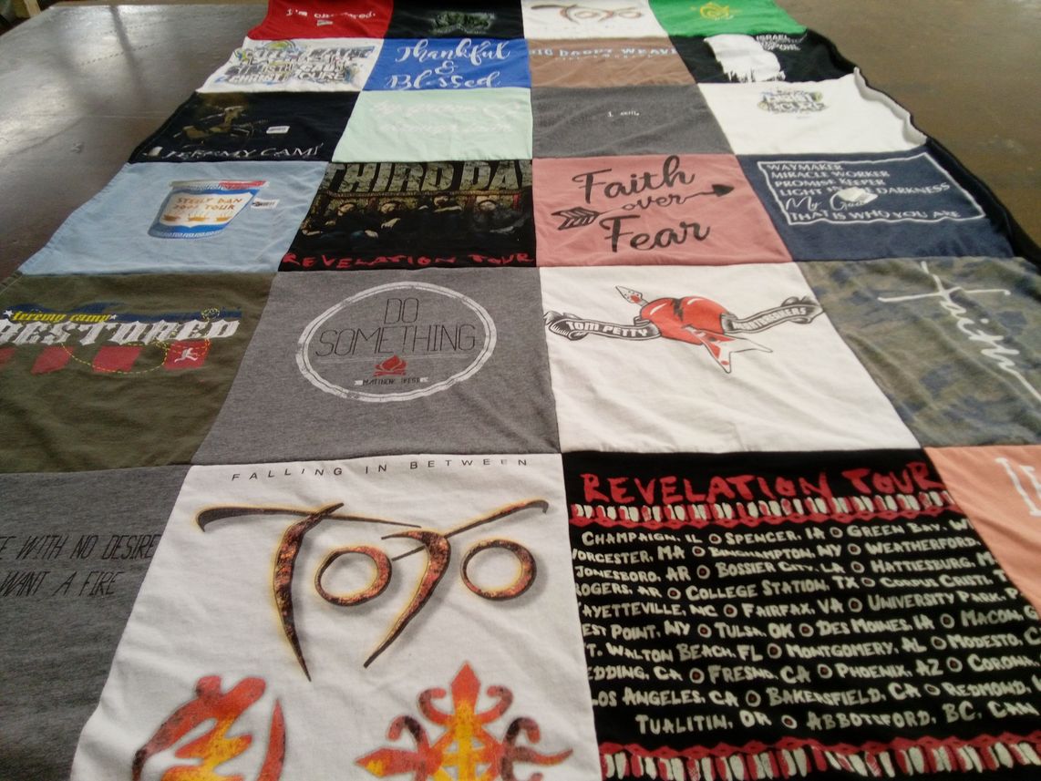 T-shirt quilt with music, spirituality themes by lynda from IA