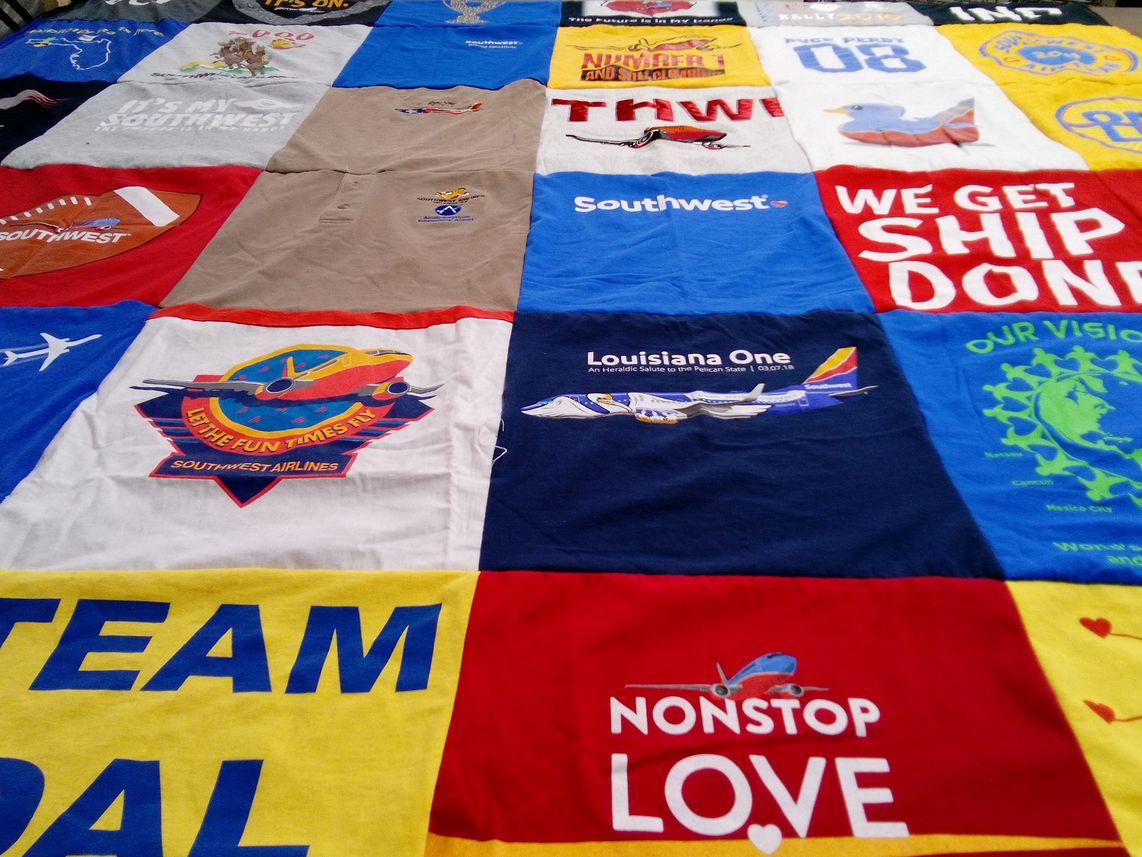 T-shirt quilt with aviation, travel themes by Jeffery from TX