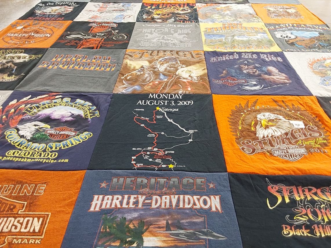 T-shirt quilt with motorcycles, biking themes by Shellie from OK