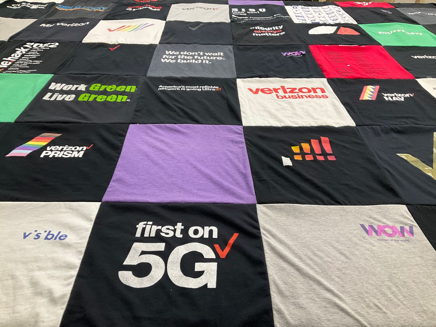 T-shirt quilt with telecommunications, technology themes by Gina from NJ