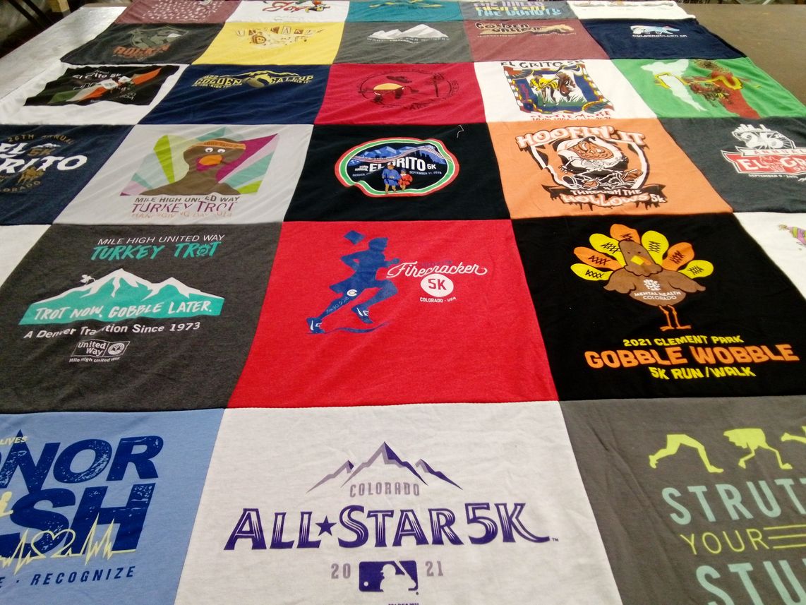 T-shirt quilt with running, events themes by Charmaine from CO