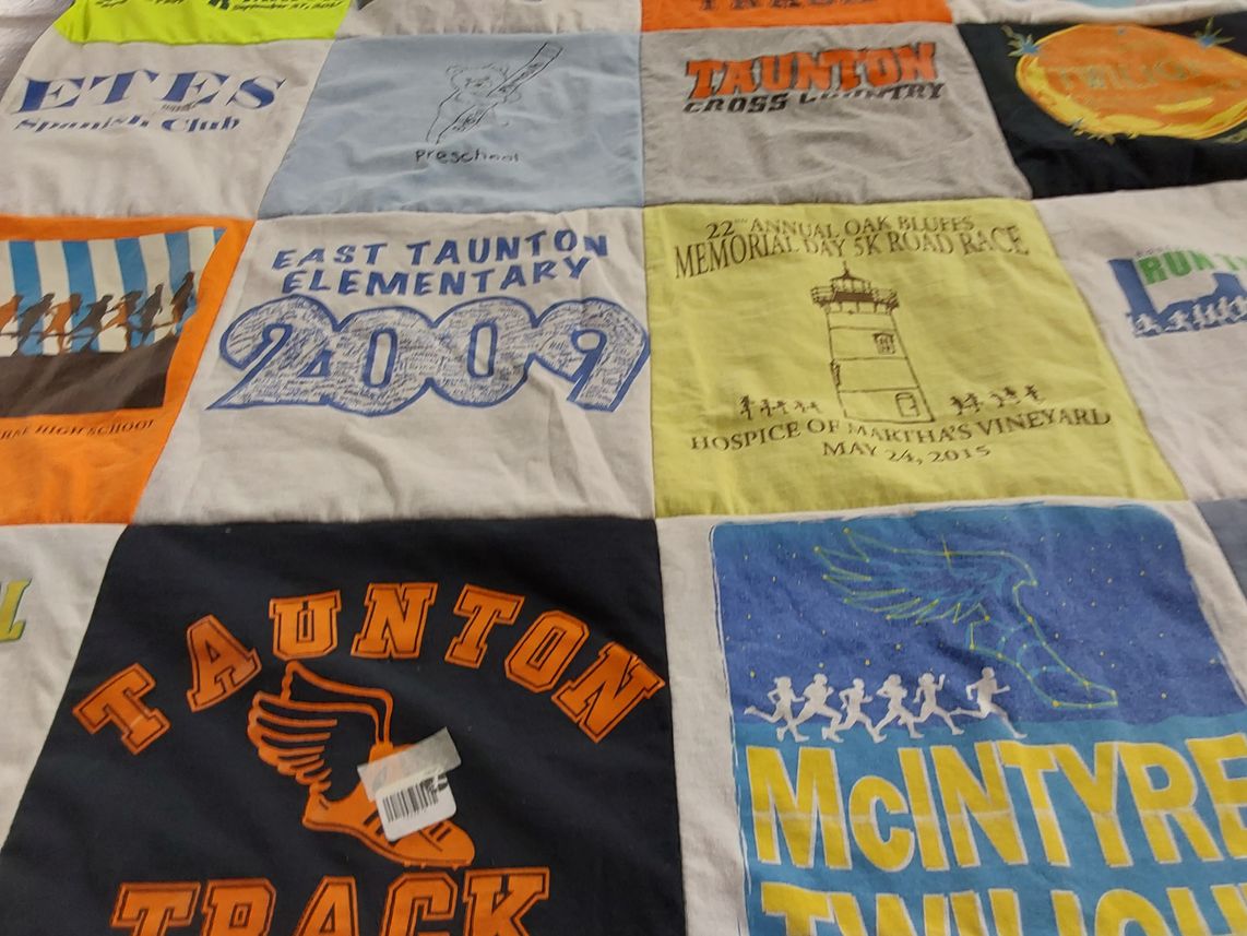 T-shirt quilt featuring taunton track, taunton cross country by Nicola from MA