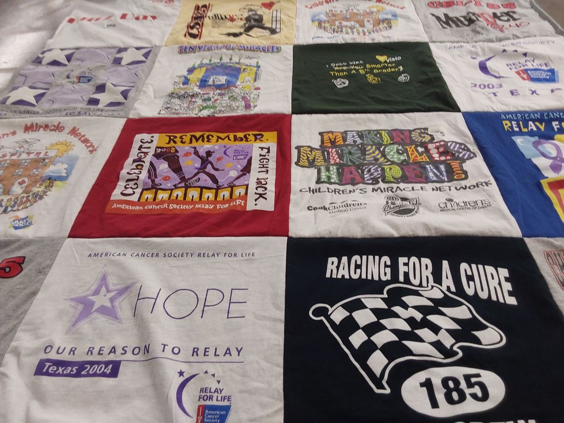 T-shirt quilt with cancer awareness, charity themes by Lee from TX