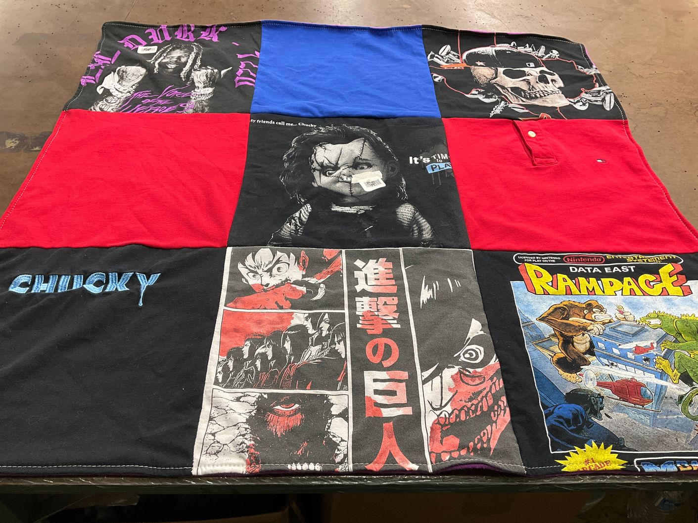 T-shirt quilt with horror movies, video games themes by Christine from TX