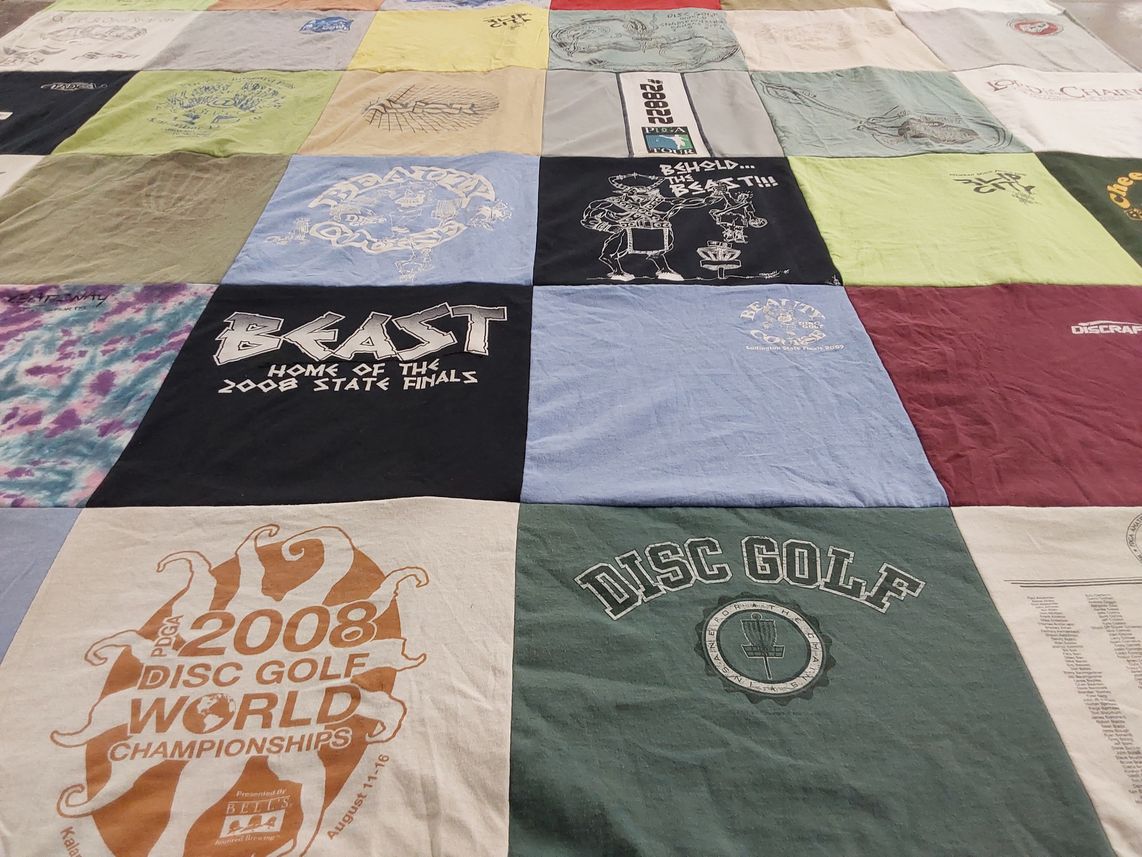 T-shirt quilt with disc golf themes by Jeffrey from MI