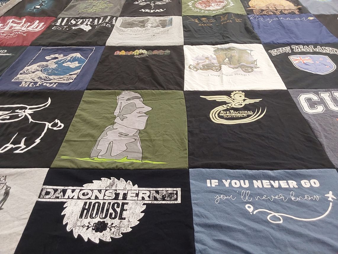 T-shirt quilt with travel, culture themes by Nancy from CA