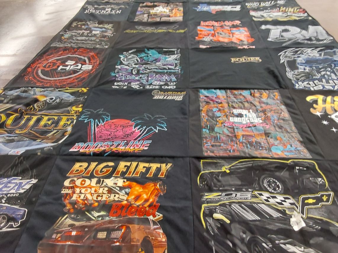 T-shirt quilt with cars, racing themes by celeste from TX