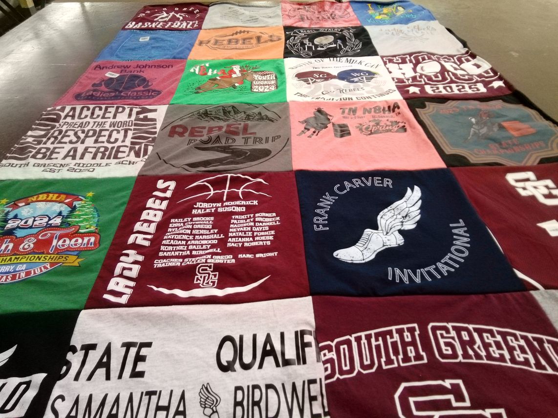 T-shirt quilt featuring lady rebels, south greene high school by Patrick from TN