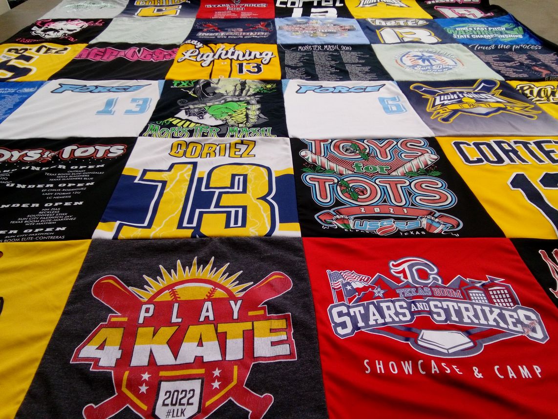 T-shirt quilt with softball, sports themes by Tina from WA