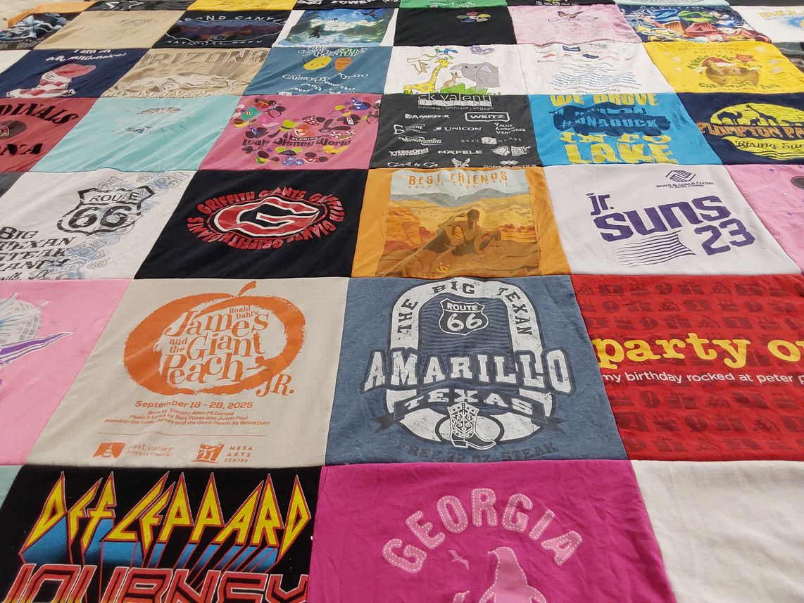 T-shirt quilt with theater, music themes by Sandy from AZ