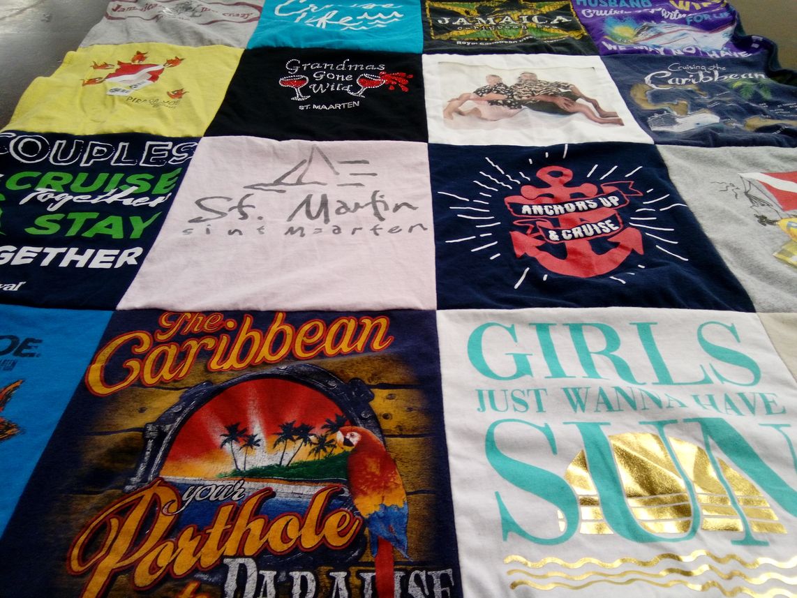 T-shirt quilt with cruising, travel themes by Penny from FL