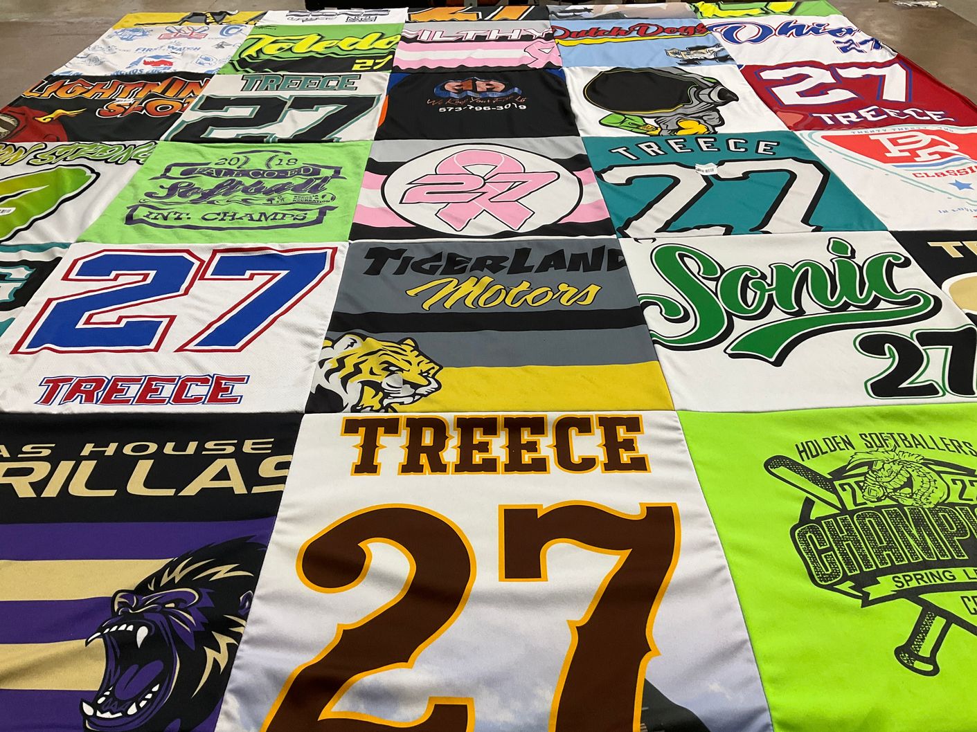 T-shirt quilt with sports, softball themes by Lindsay from MO