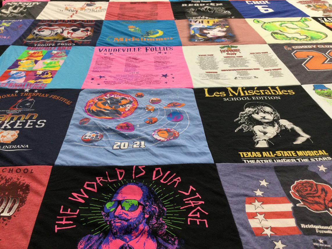 T-shirt quilt with theater, performing arts themes by Felicia from TX
