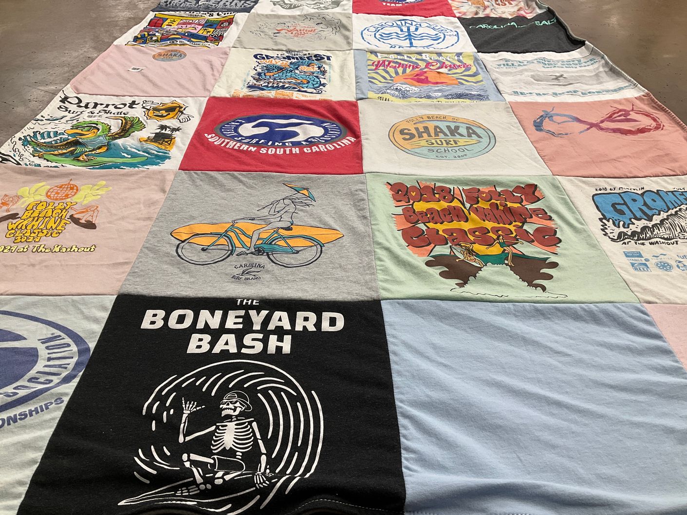 T-shirt quilt with surfing, beaches themes by Jennifer from SC