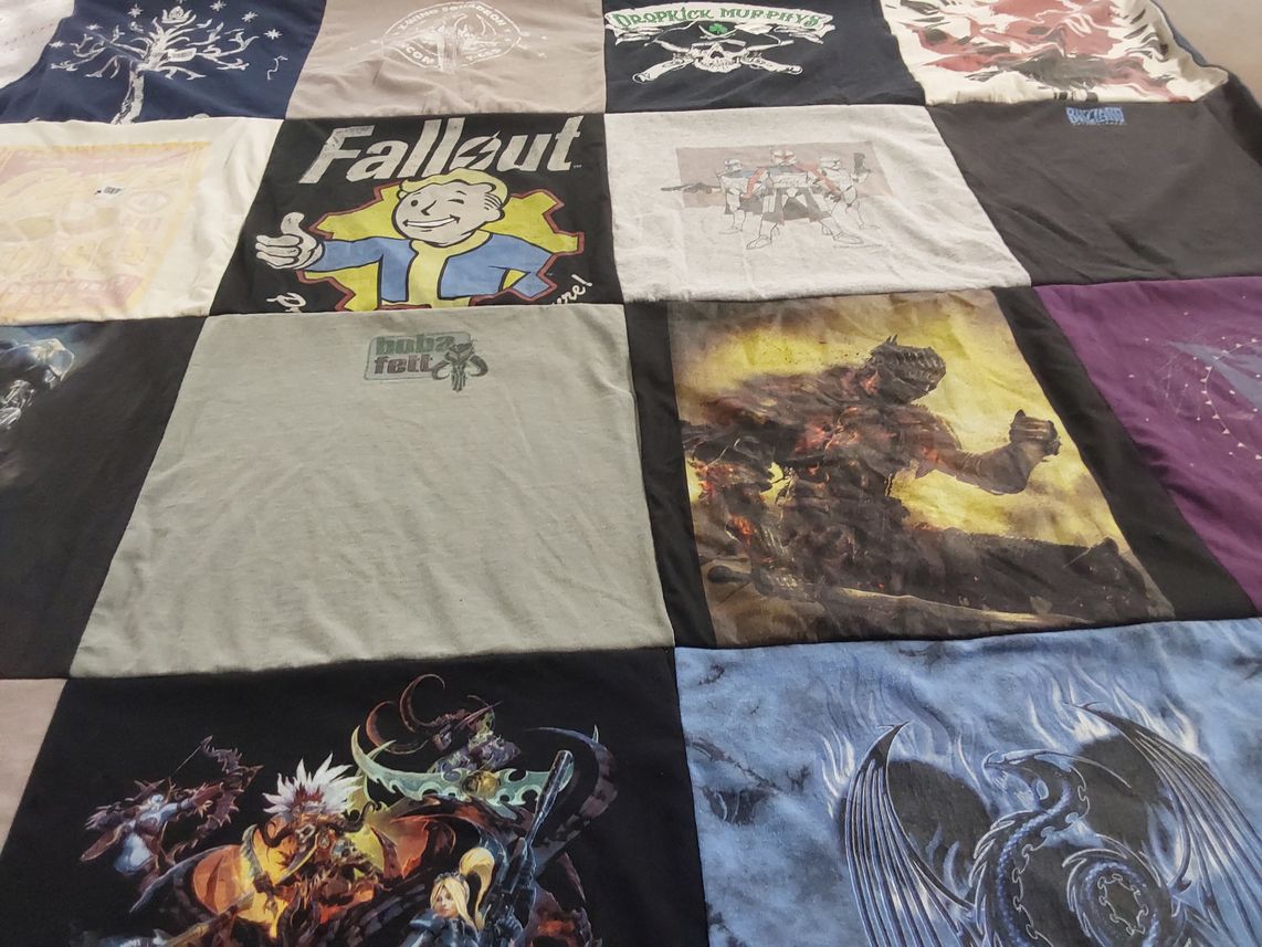 T-shirt quilt with gaming, anime themes by james from NC