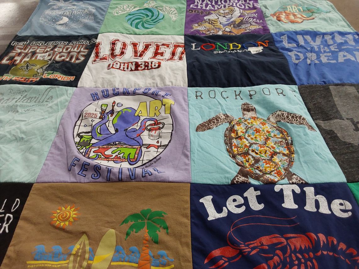 T-shirt quilt with art festivals, sports themes by Peggy from TX