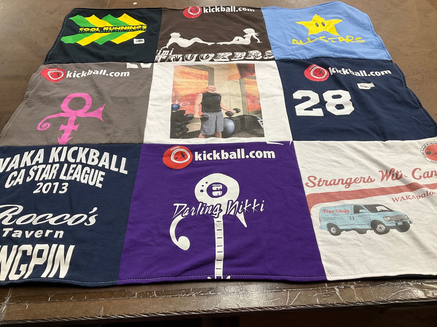 T-shirt quilt with kickball, sports themes by Sarah from CA