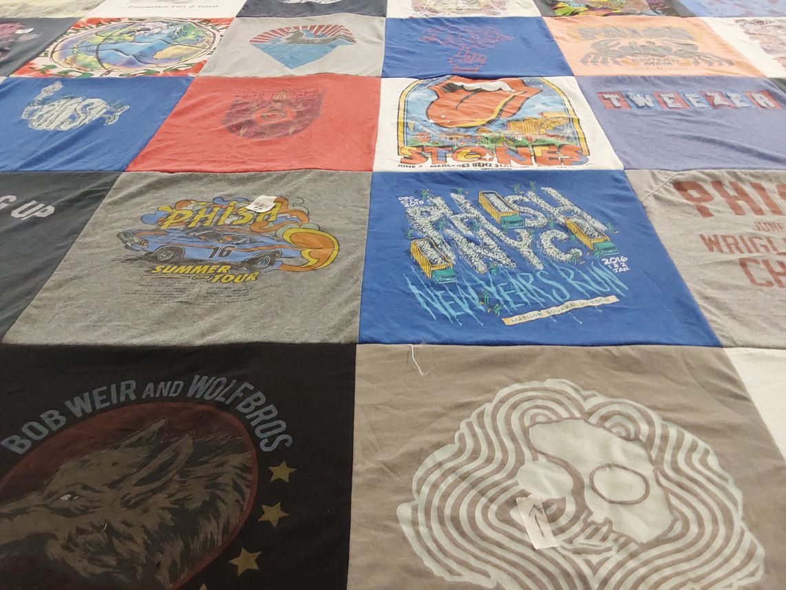 T-shirt quilt with music, concerts themes by Stephen from CO