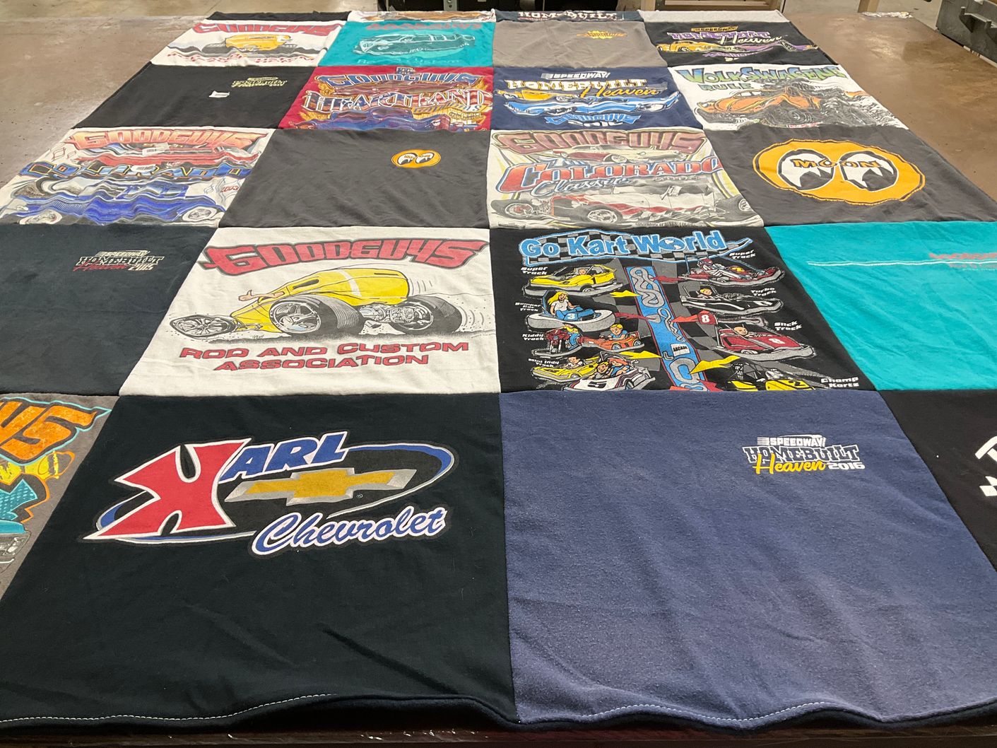 T-shirt quilt with automobiles, racing themes by Darin from CO