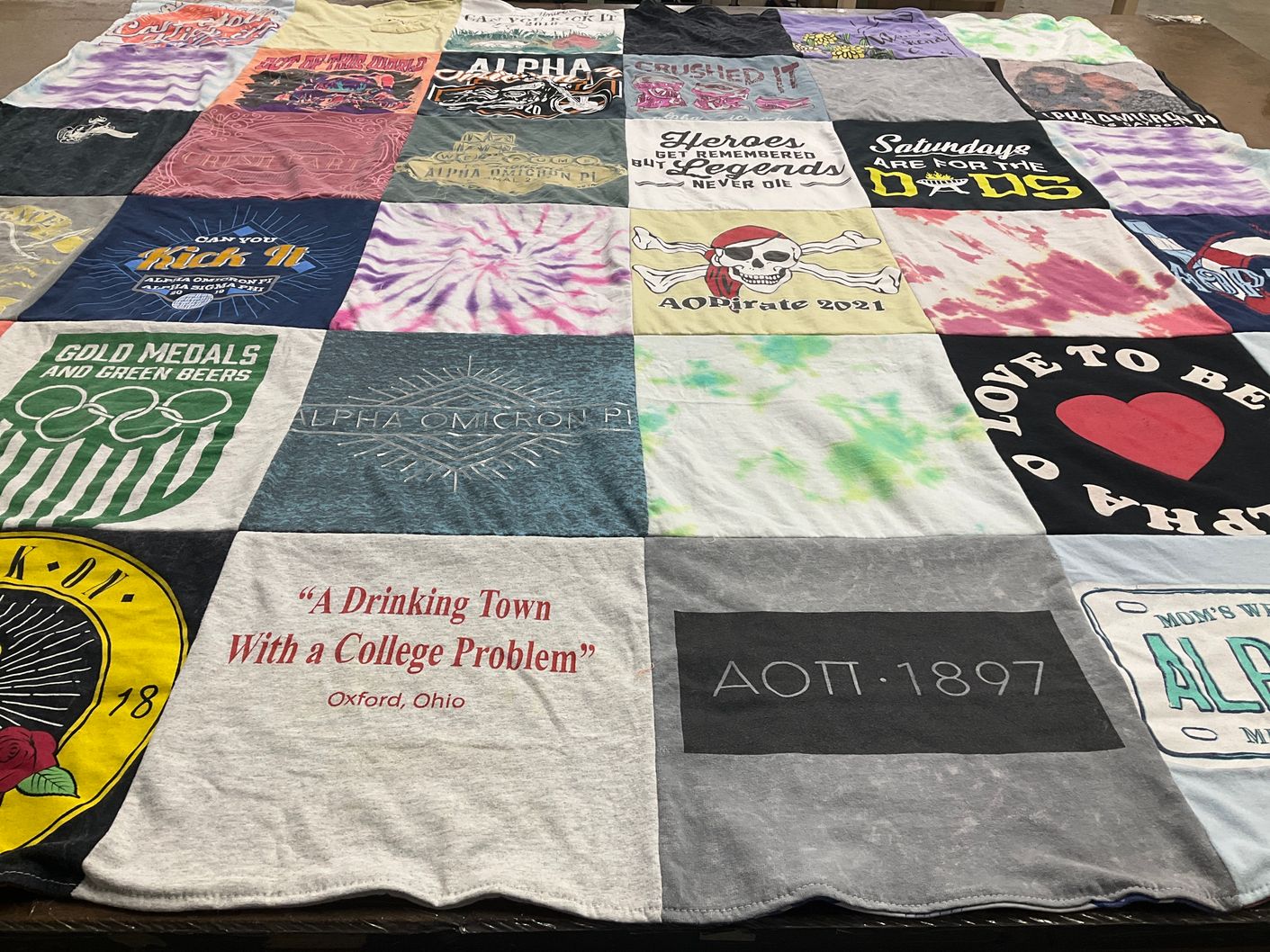 T-shirt quilt with sororities, college life themes by Ellie from OH
