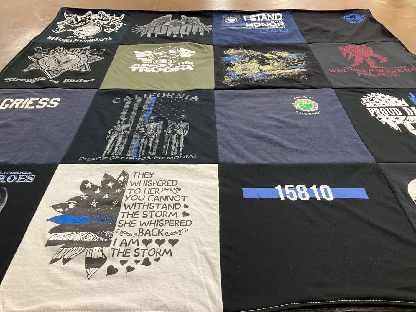 T-shirt quilt with law enforcement, police themes by Kadi from CA