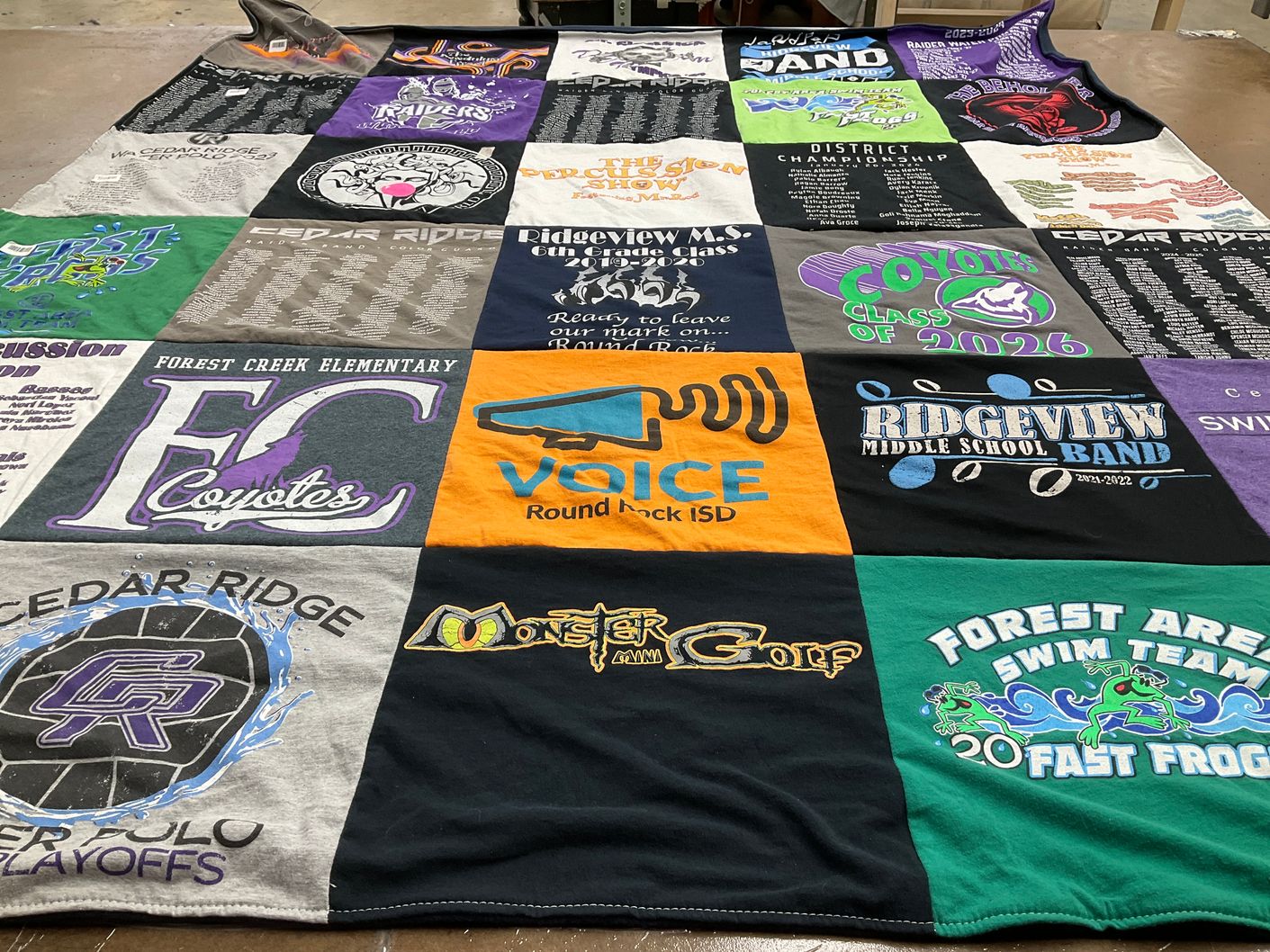 T-shirt quilt from forest creek elementary, cedar ridge high school by Paige from TX