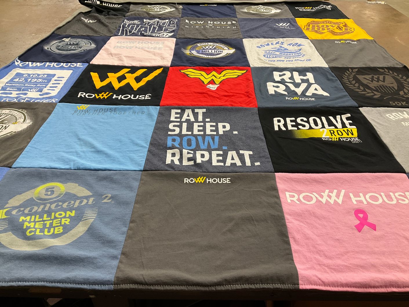 T-shirt quilt with rowing, fitness themes by Karen from VA
