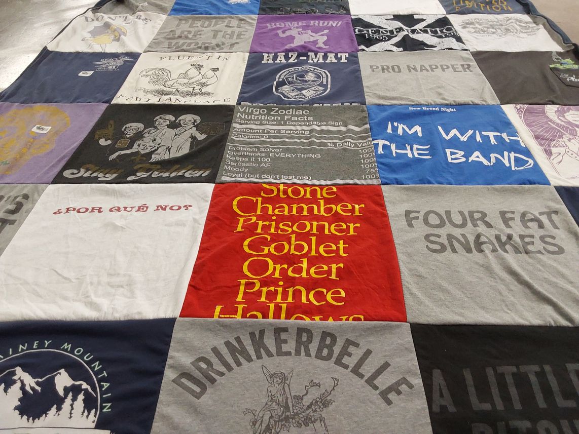 T-shirt quilt with nutrition, music themes by Melanie from LA