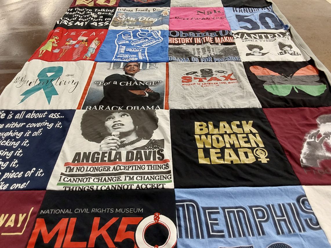 T-shirt quilt with civil rights, activism themes by Lynette from CA