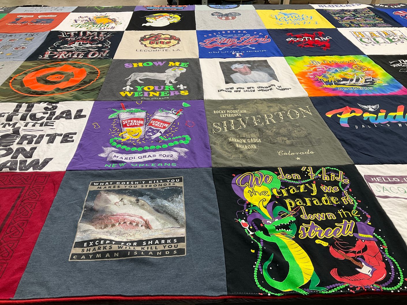 T-shirt quilt with sharks, festivals themes by John from TX