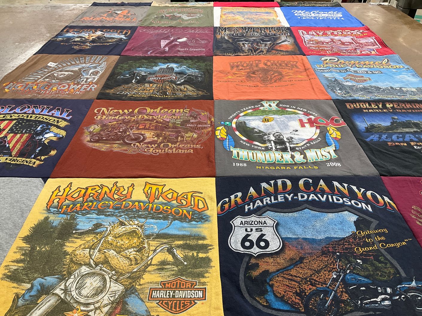 T-shirt quilt with motorcycles, travel themes by Heather from NC