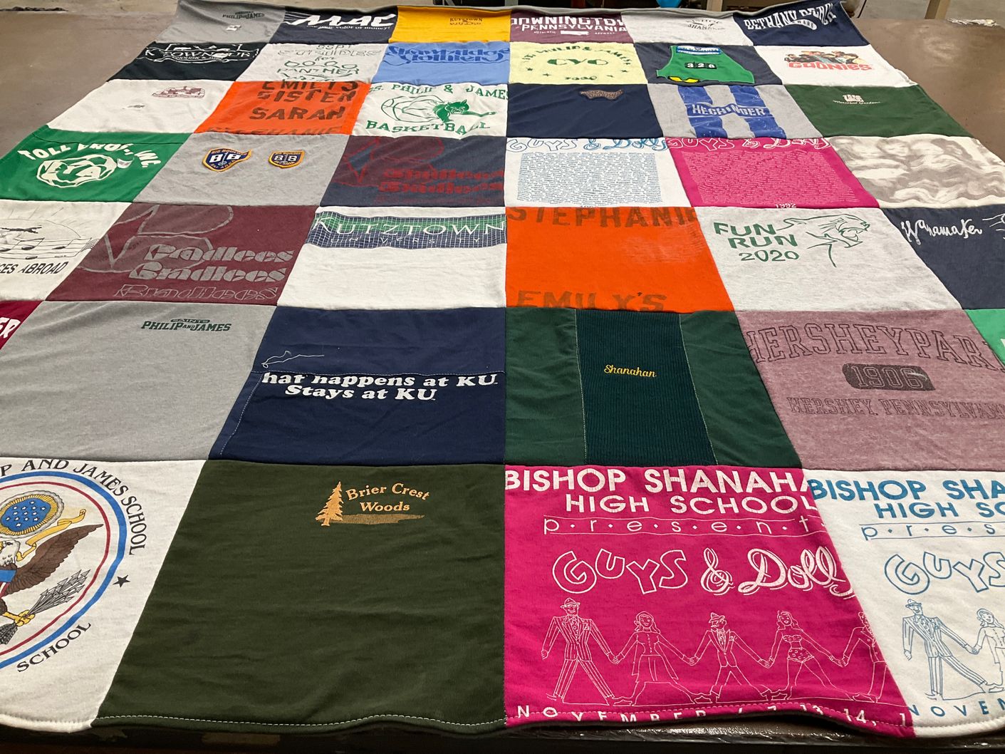 T-shirt quilt from bishop shanahan high school, briar crest woods school by Stephanie from NJ