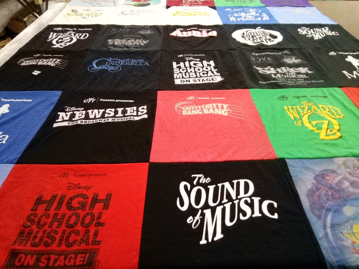 T-shirt quilt with theater, musicals themes by Carrie from AZ