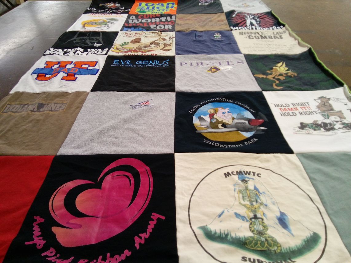 T-shirt quilt with comedy, adventure themes by Sheila from GA
