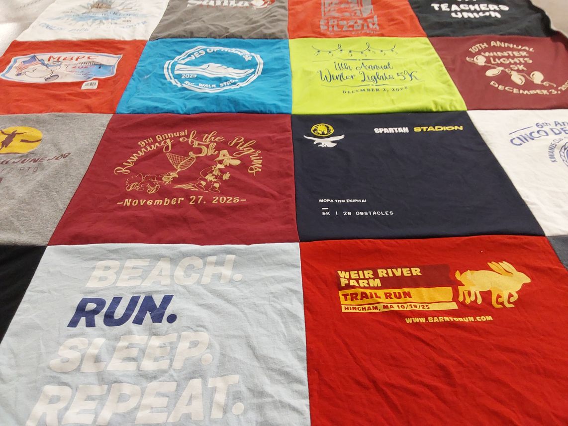 T-shirt quilt with running, fitness themes by Christina from MA
