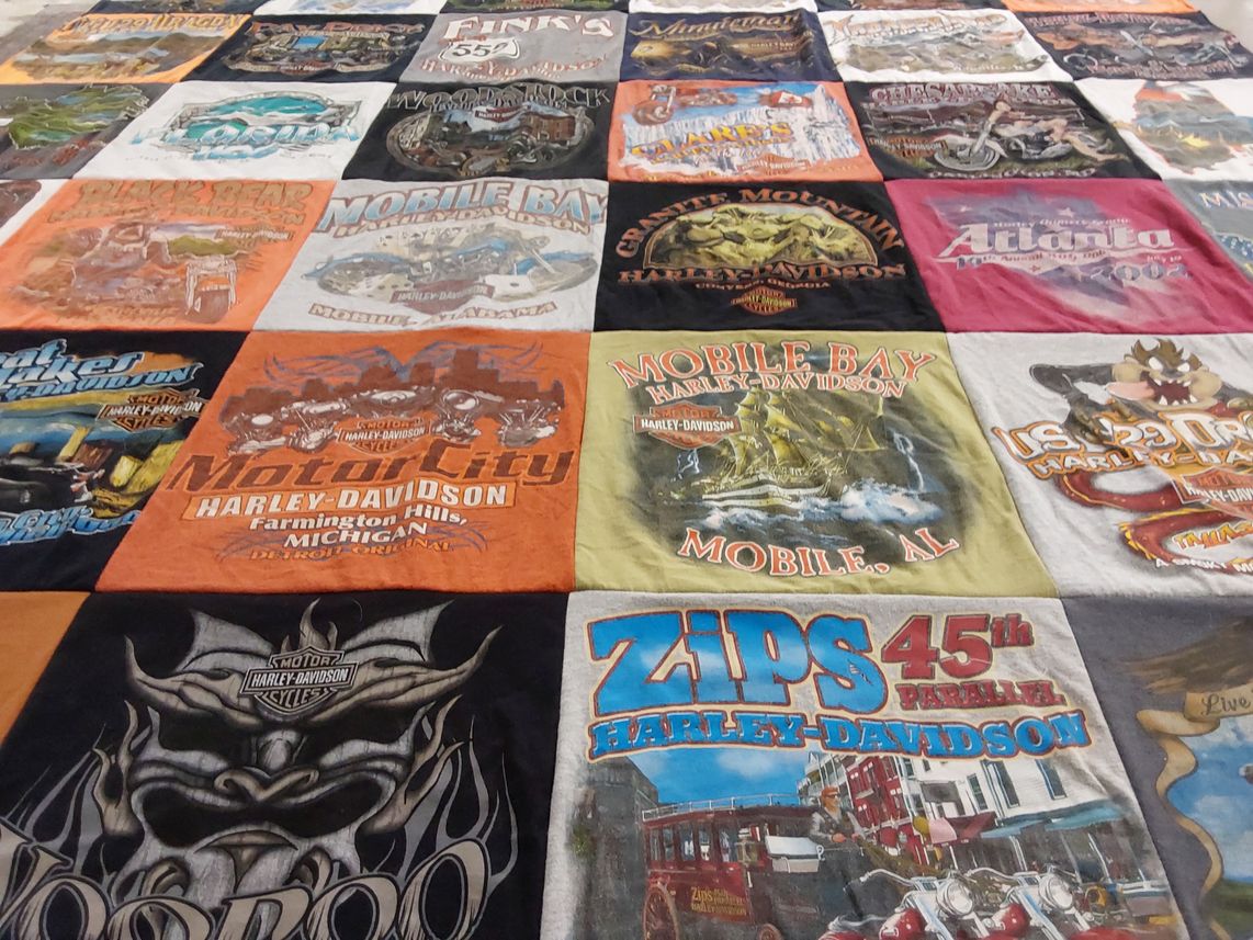 T-shirt quilt with motorcycles, biking themes by Lisa from VA