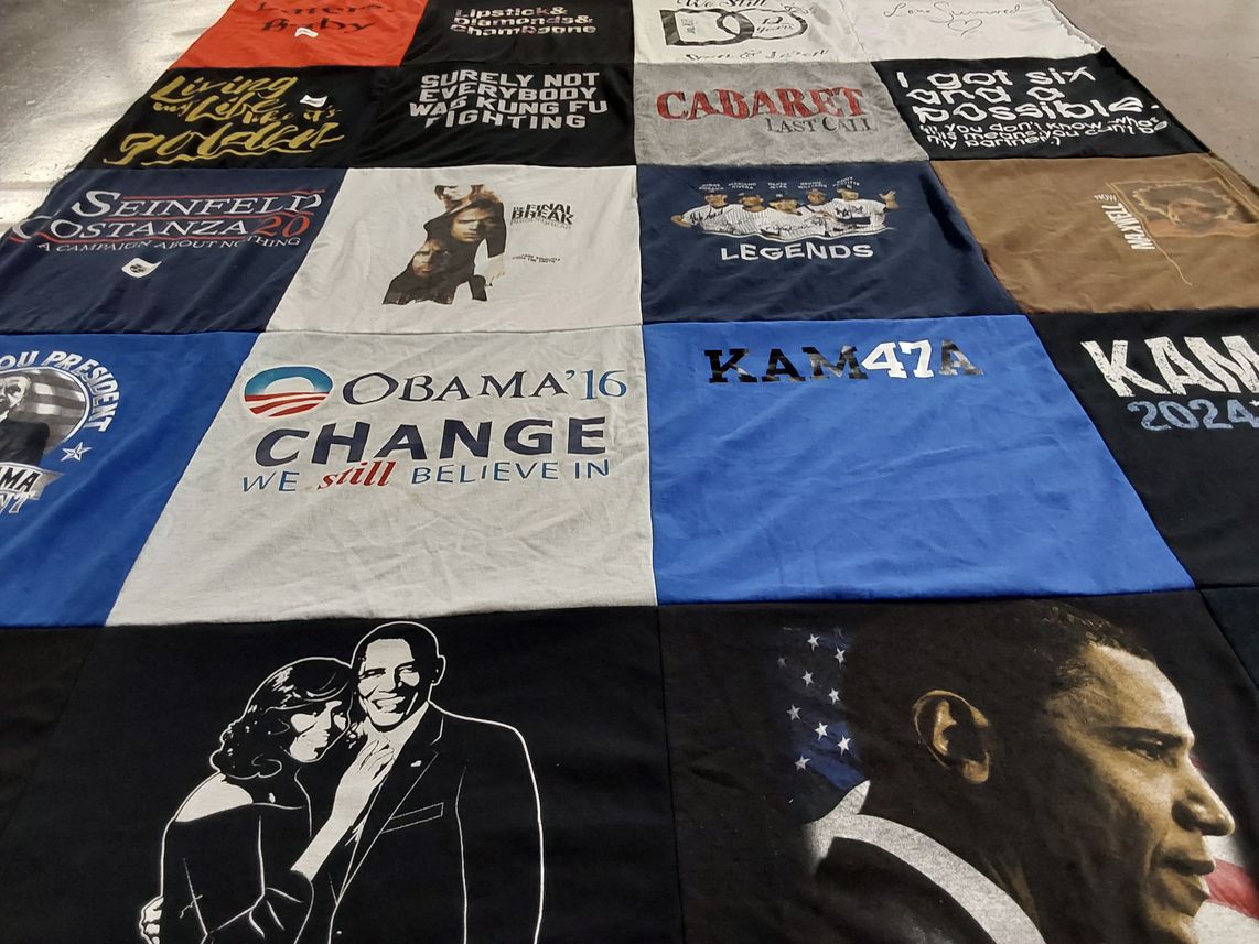 T-shirt quilt with politics, comedy themes by LOREN from MA