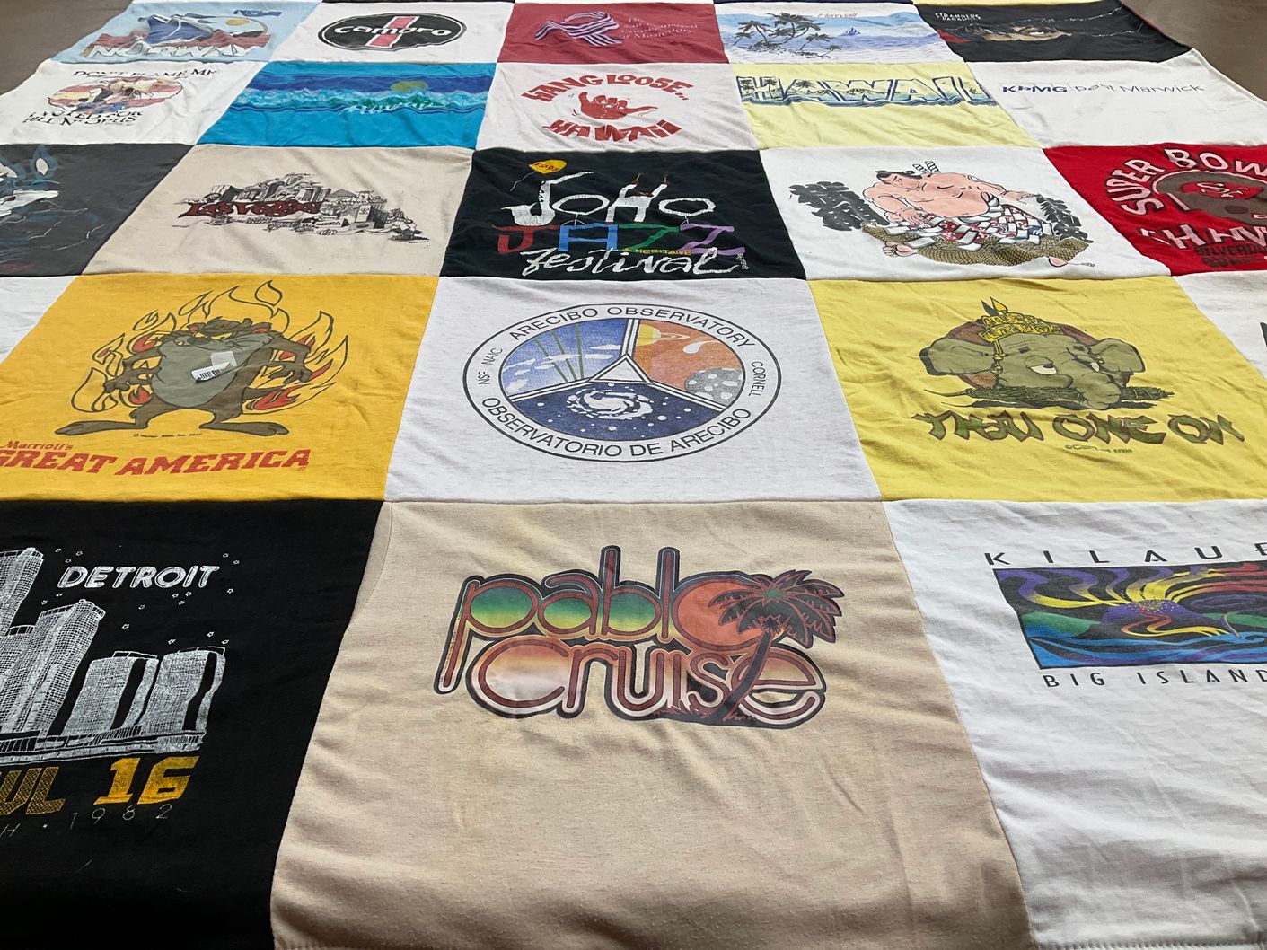 T-shirt quilt with travel, music themes by Andy from CA