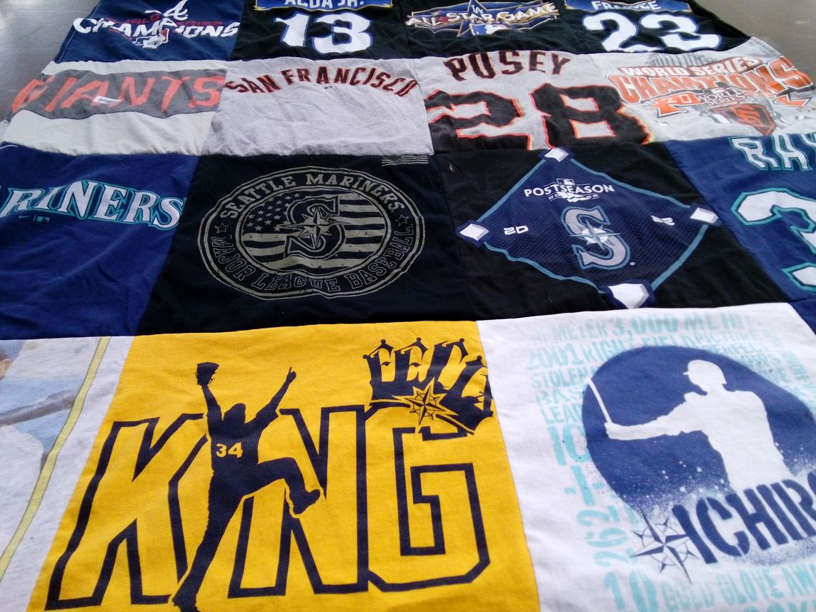 T-shirt quilt featuring san francisco giants, seattle mariners by Harry from WA