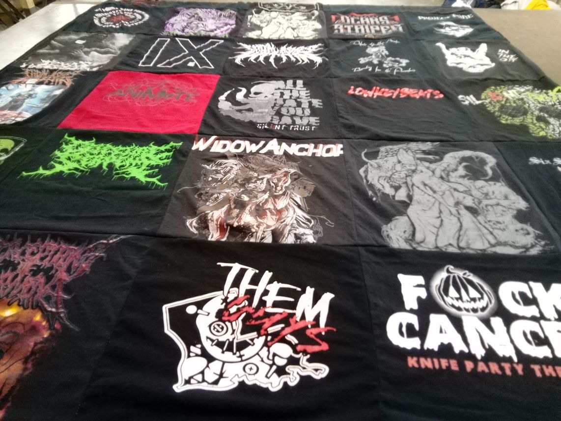 T-shirt quilt with music, death metal themes by Ellie from MS