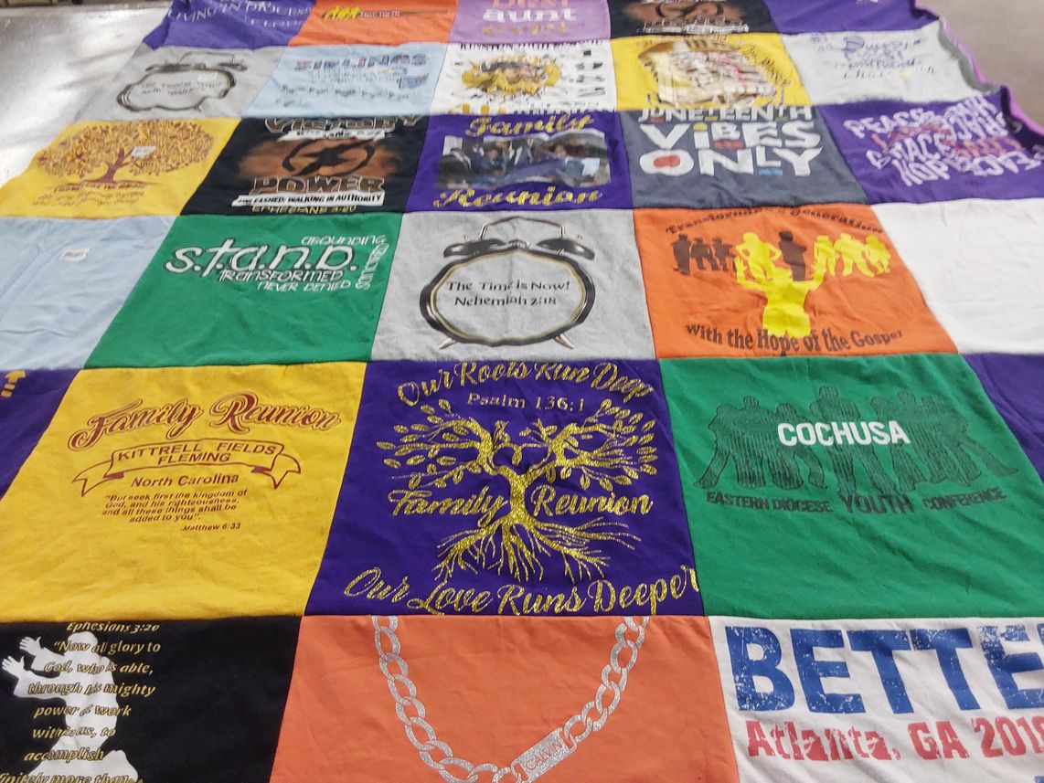 T-shirt quilt with family, community themes by Patricia from VA