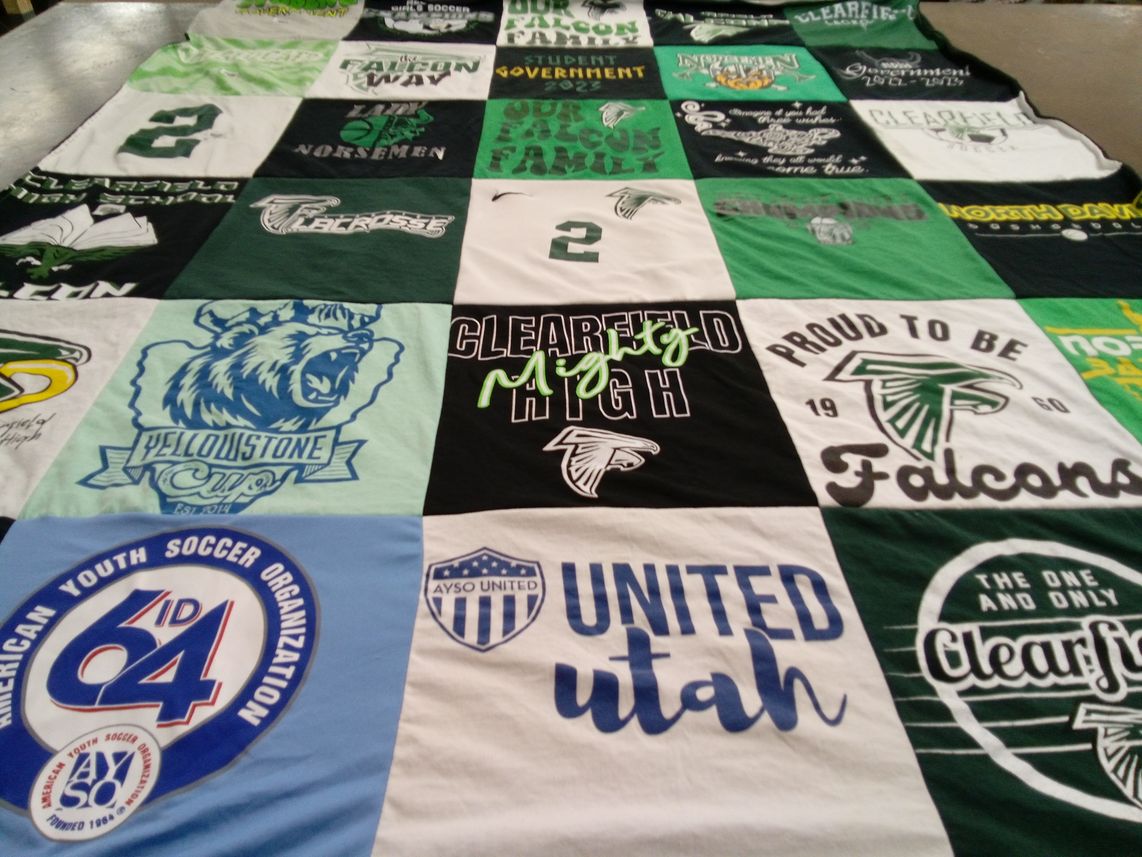 T-shirt quilt featuring clearfield high school falcons by Lacey from UT