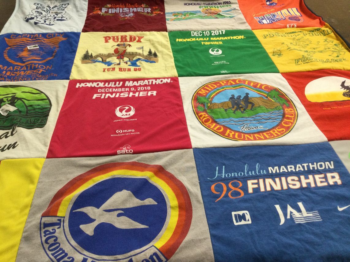 T-shirt quilt with running, marathons themes by Barbara from WA
