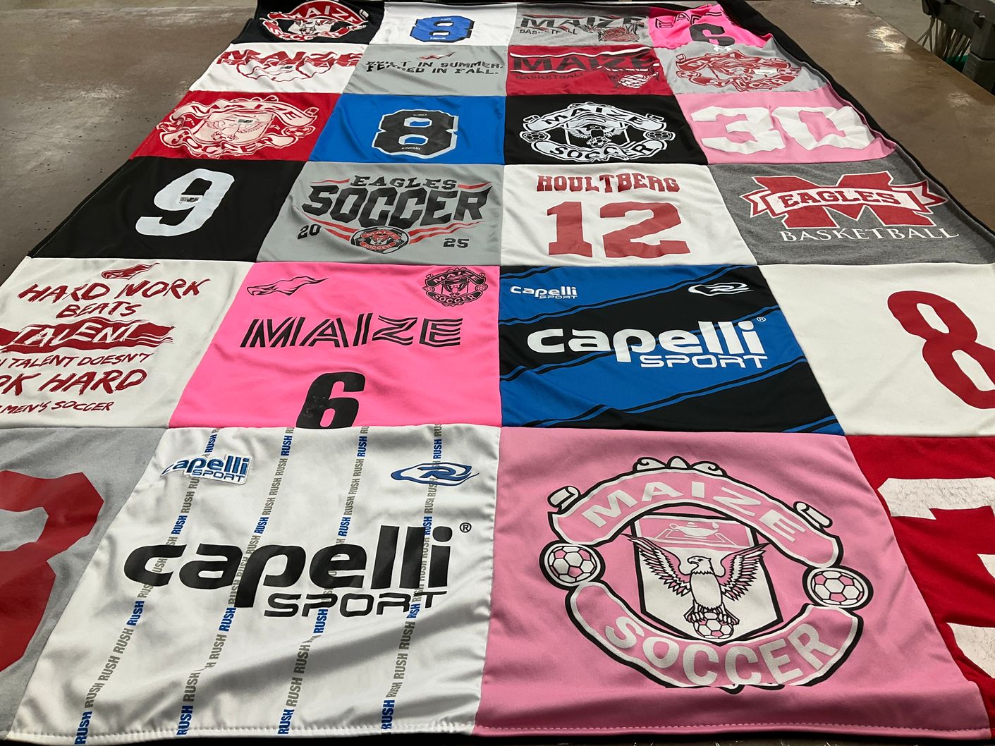 T-shirt quilt featuring maize high school eagles soccer, maize high school eagles basketball by Sandy from KS