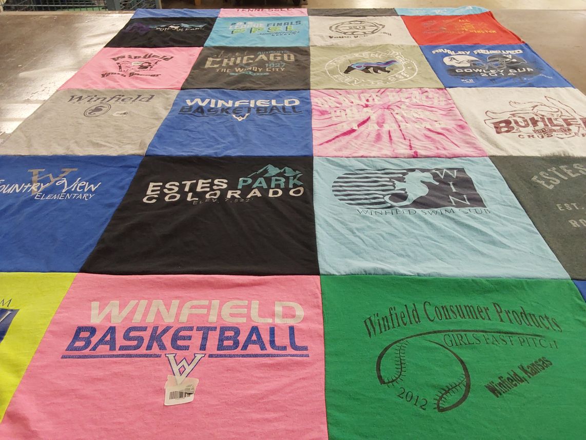 T-shirt quilt featuring winfield basketball, winfield swim club by Megan from KS