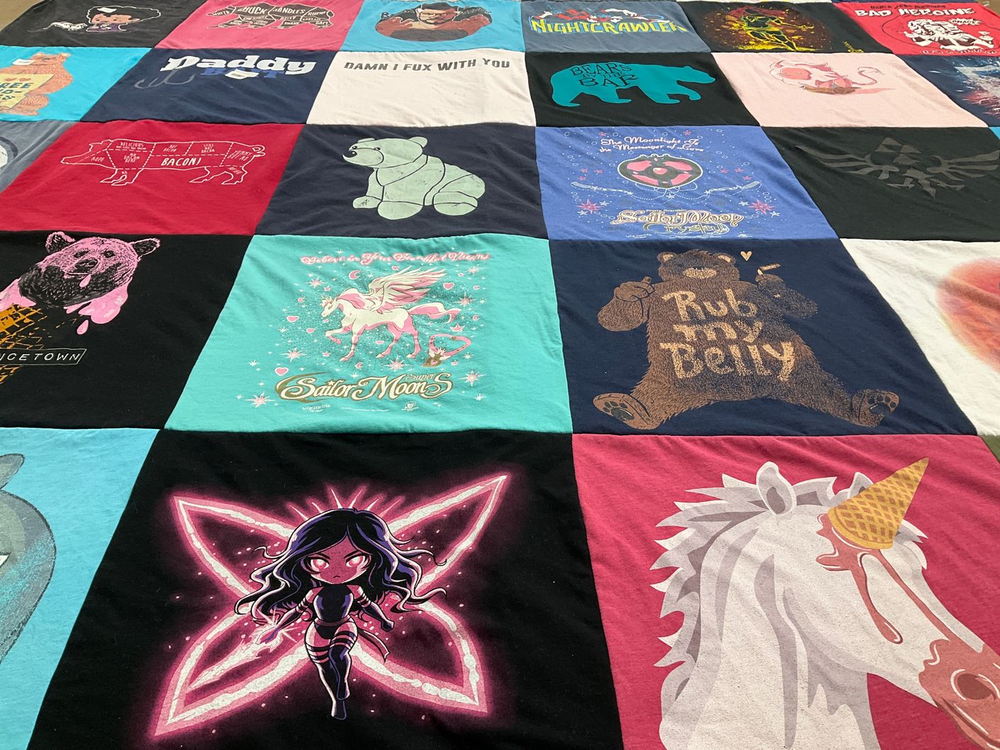 T-shirt quilt with anime, bears themes by Pat from IL