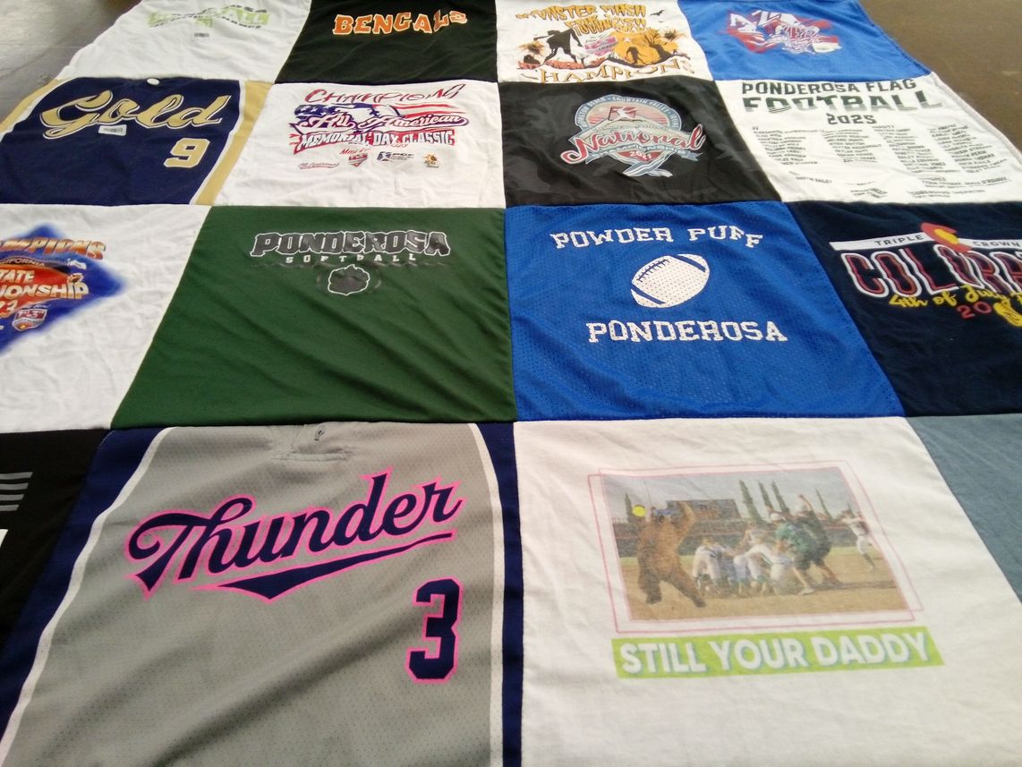 T-shirt quilt featuring ponderosa football, ponderosa softball by Katie from CA