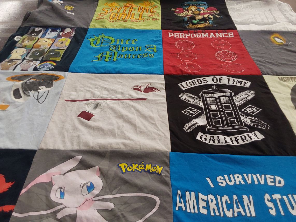 T-shirt quilt with tv shows, video games themes by Sophie from FL
